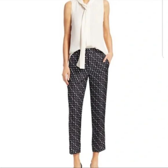 Theory Silk Triangle Print Pull-On Trouser Navy Ivory Print Size 8 - Picture 1 of 10